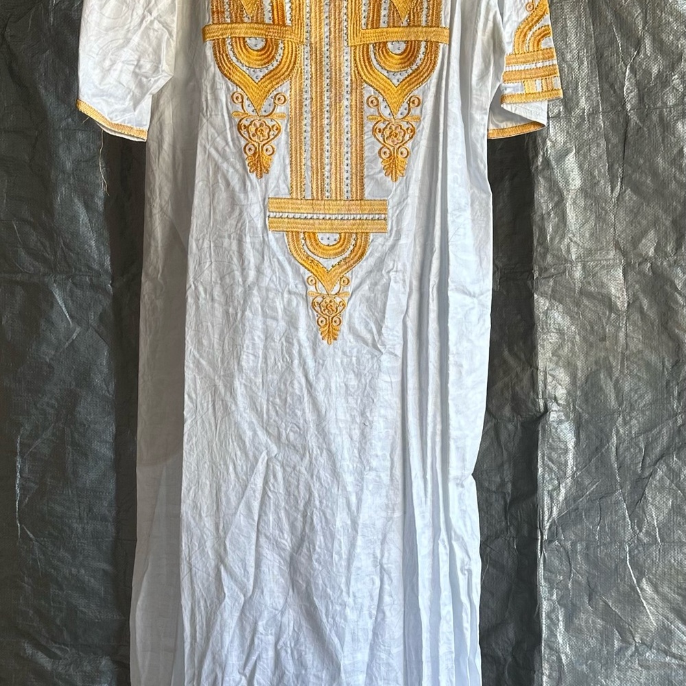 Chic White and Gold Embroidered Maxi Dress